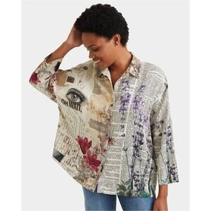 DESIGUAL New York Oversized Collage Lyocell Button-Front Blouse Size L